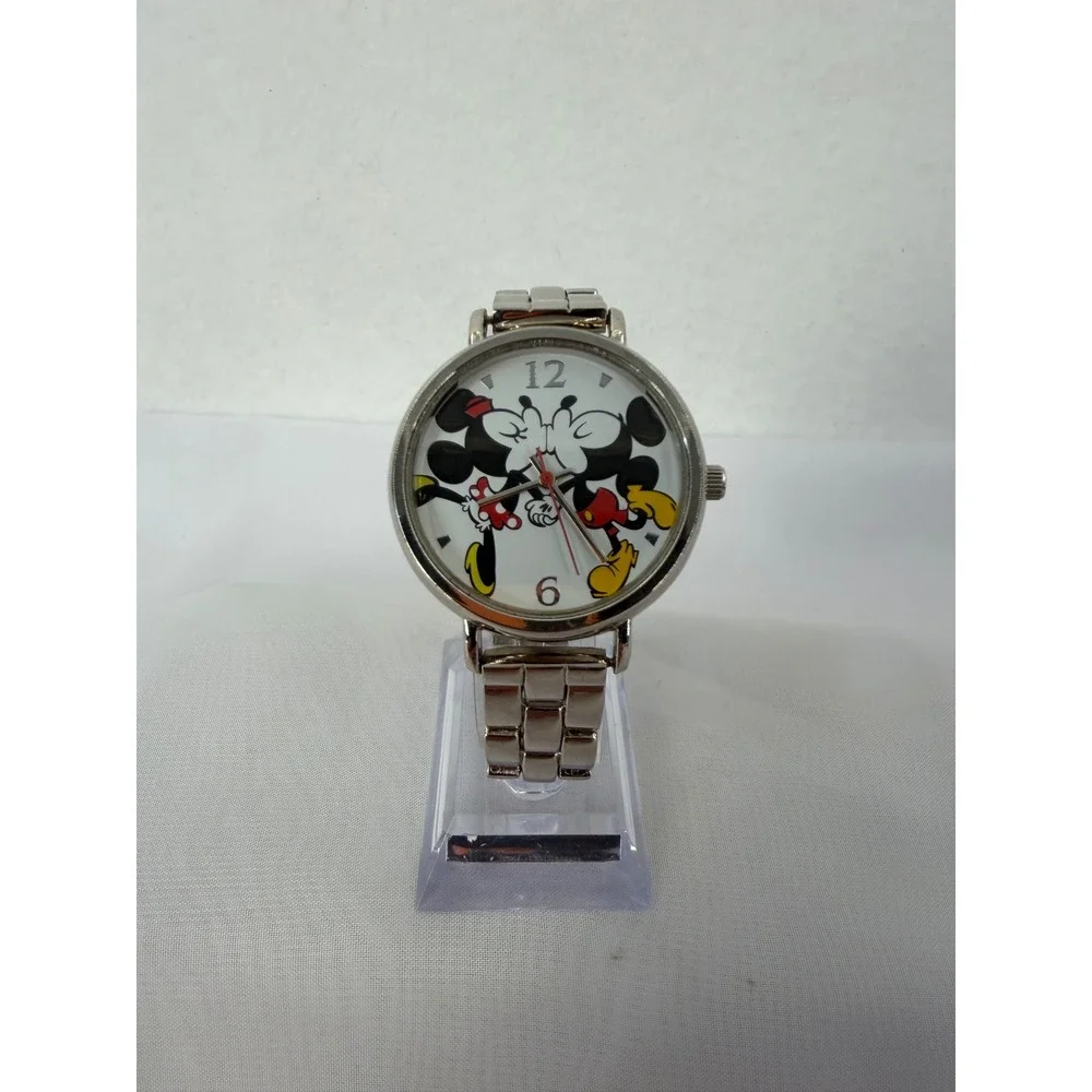 Disney Mickey Minnie Mouse Kissing Watch Silver Tone Link Bracelet Working